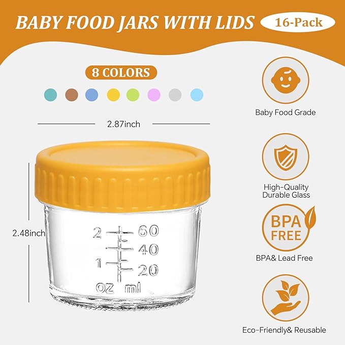 16 pcak Glass Baby Food Storage Containers & 10 Pack Reusable Baby Food Pouches Set, 4 oz Glass Jars with lids for Infant Baby Food,Freezer and Microwave Safe,100% Leak Proof,Reusable BPA Free（16）
