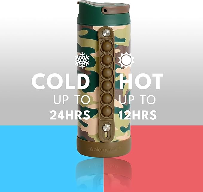 Elemental Iconic Kids Water Bottle for School - 100% Leak-Proof Insulated Water Bottles with Straw Lid & Pop-It Handle for Boys & Girls - Triple-Wall Insulated & BPA-Free, 14oz – Green Camo