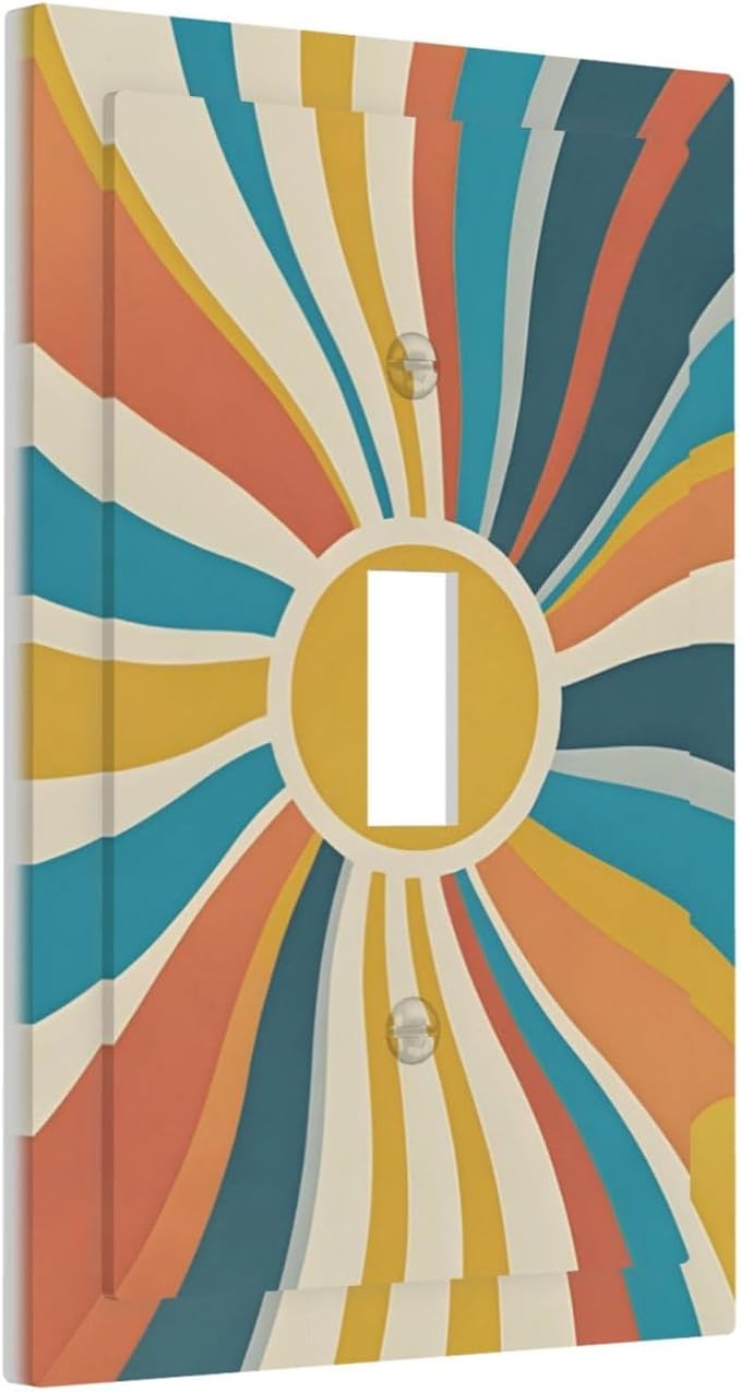 Decorative Switch Cover Plate with Retro Mid-Century Modern Sunburst Motif Design Single Gang Toggle Switch Plate Light Switch Covers Artistic Faceplate for Abstract Teal/Yellow/Orange Wall