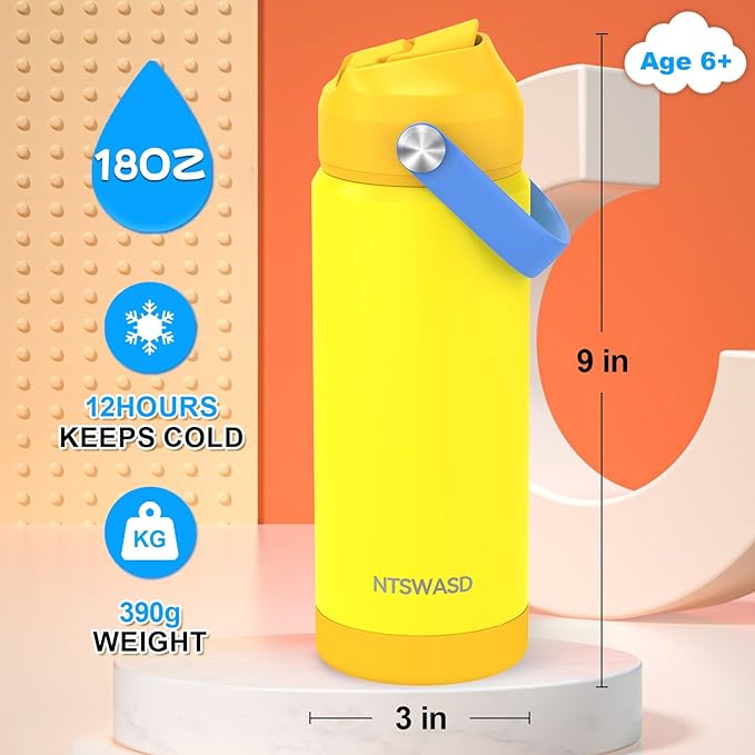 Kids Water Bottle with Straw,18 oz Boys Insulated Cups with Stainless Steel Leak Proof for School Boys Girls,Sport&Travel（Yellow）