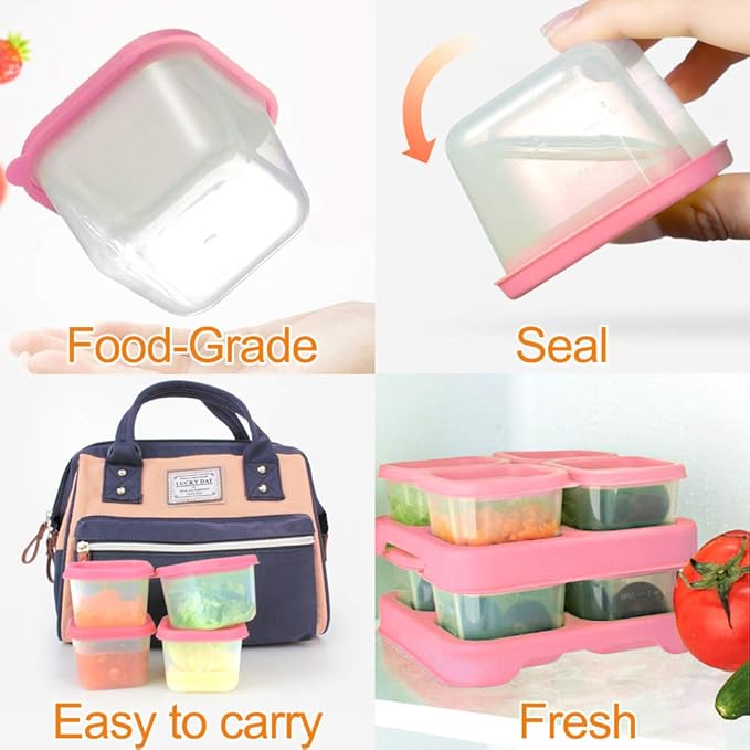 Matyz 12-Pack Plastic Food Storage Containers With Lids Airtight Freezer Safe (Pink, 4 OZ Each) - Baby Food Freezer Trays With Lids Baby Cubes Food Storage - Stackable Baby Food Storage Containers