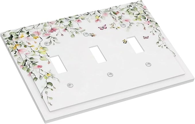 Watercolor Flowers Vine Colorful Butterfly Floral Decorative Switch Plates 3 Gang Wall Plate Triple Toggle Light Switch Cover Faceplate Electrical Wall Panels For Bed Room Living Room Decor