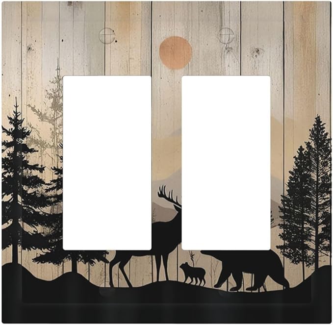 Decorative Outlet Covers Wood Board Wildlife Cute Bear Deer Forest Rustic 2 Gang Double GFCI Rocker Electrical Wall Panels Light Switch Cover Plate for Bathroom Farmhouse Decor