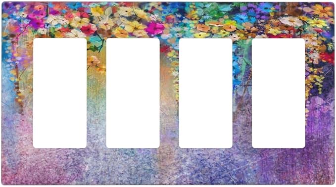 Colorful Floral Watercolor Flower 4 Gang Rocker Decora Light Switch Cover Purple Decorative Outlet Covers Wall Plate Electrical Faceplate Switchplate GFCI for Farmhouse Bedroom Living Room Decor