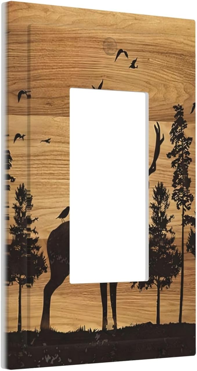 Elk Moose Forest Hunting Pyrography Art Wood Texture Print Decorative Outlet Covers 1 Gang Single Rocker Light Switch Cover Plate Wall Plates GFCI Faceplate for Farmhouse Bedroom Decor