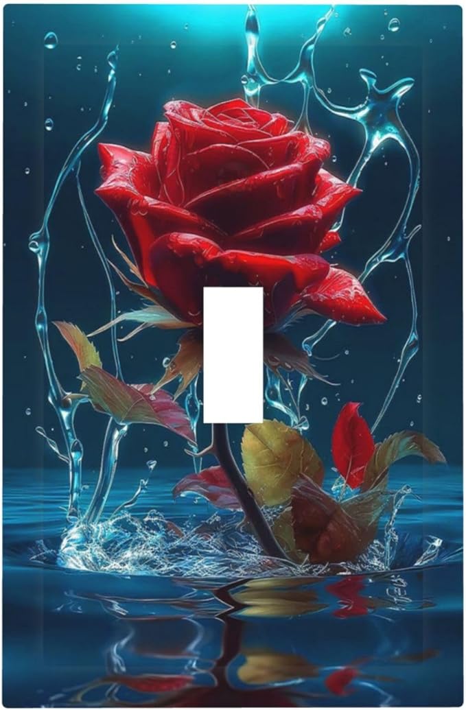 Red Rose Blue Water Drips 1 Gang Light Switch Cover Decorative Single Toggle Wall Plate Switchcovers Electrical Switchplate Home Decor for Kidroom Living Room Bedroom Decorate