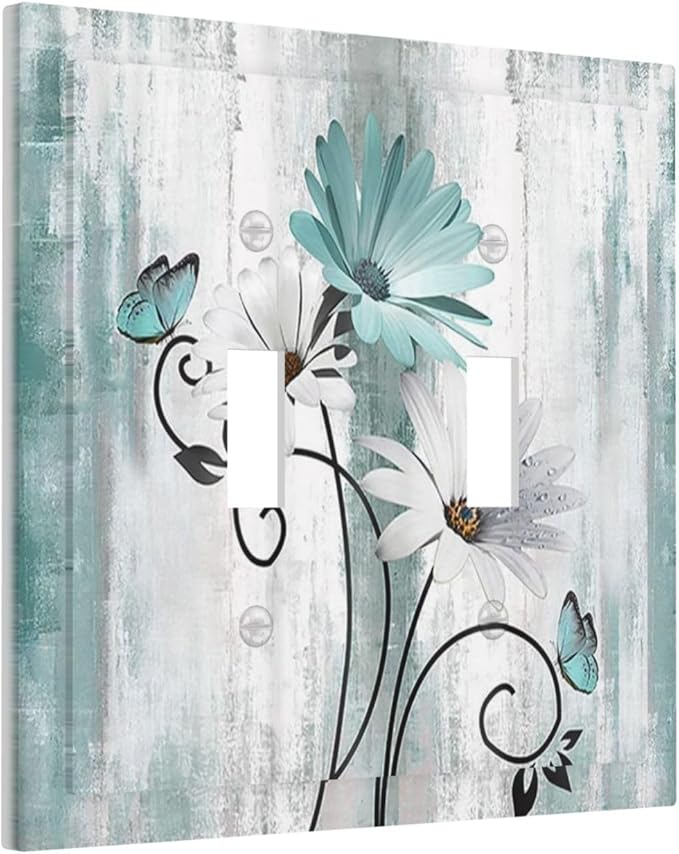 Teal Daisy Vintage Flower Butterfly Rustic Wood Print Decorative Switch Plates 2 Gang Double Toggle Outlet Light Switch Cover Wall Plate Electrical Faceplate for Farmhouse Home Decor