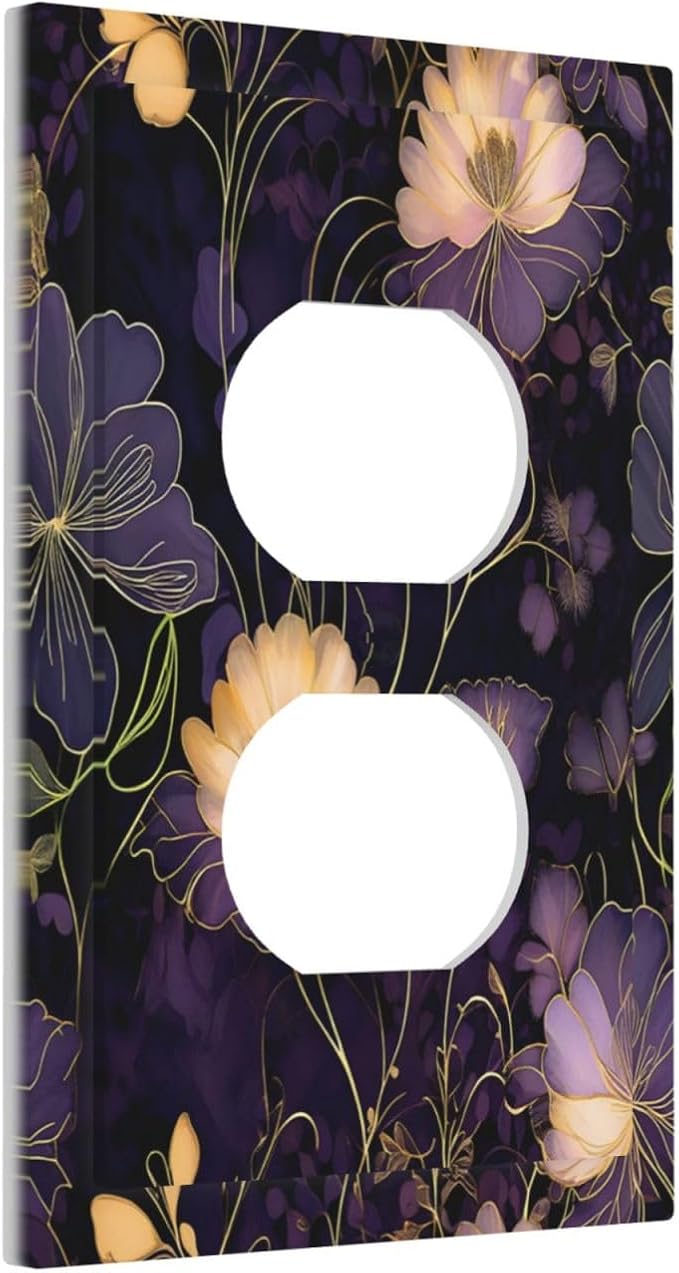 Modern Boho Vintage Gold Purple Dark Floral Modern Abstract Flowers Outlet Covers 1 Gang Duplex Electrical Receptacle Faceplate Light Switch Cover Wall Plate Decorative Switch Plates for Bedroom