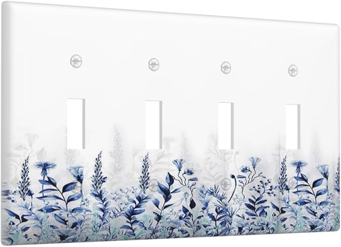 Decorative Light Switch Cover Plate Rustic Blue Plants Wildflowers Boho Leaves 4 Gang Wall Plate Switch Plate Covers Quad Toggle Jumbo Electrical Faceplate for Country Bedroom Decor