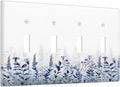 Decorative Light Switch Cover Plate Rustic Blue Plants Wildflowers Boho Leaves 4 Gang Wall Plate Switch Plate Covers Quad Toggle Jumbo Electrical Faceplate for Country Bedroom Decor