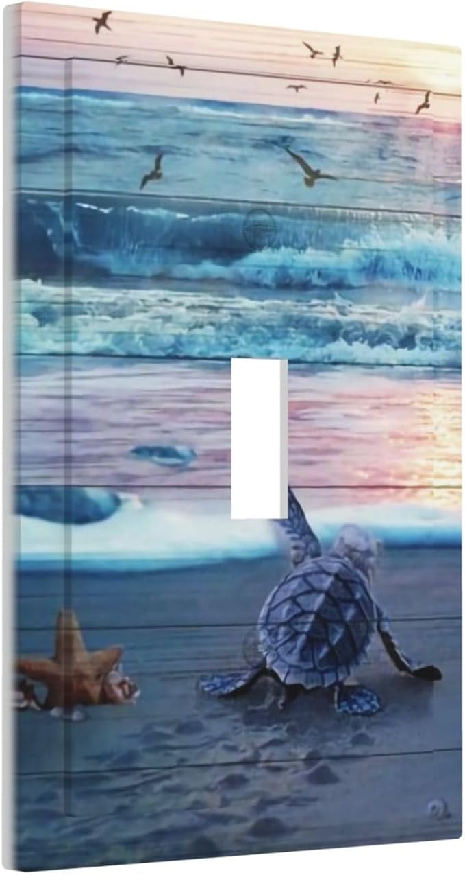 Funny Beach Teal/Blue Turtles Decorative 1-Gang Outlet Light Switch Plate Single Toggle Face Wall Plate Seashell Starfish Wave Sea Ocean Coastal Animal Marine Electrical Receptacle Cover Midway Size