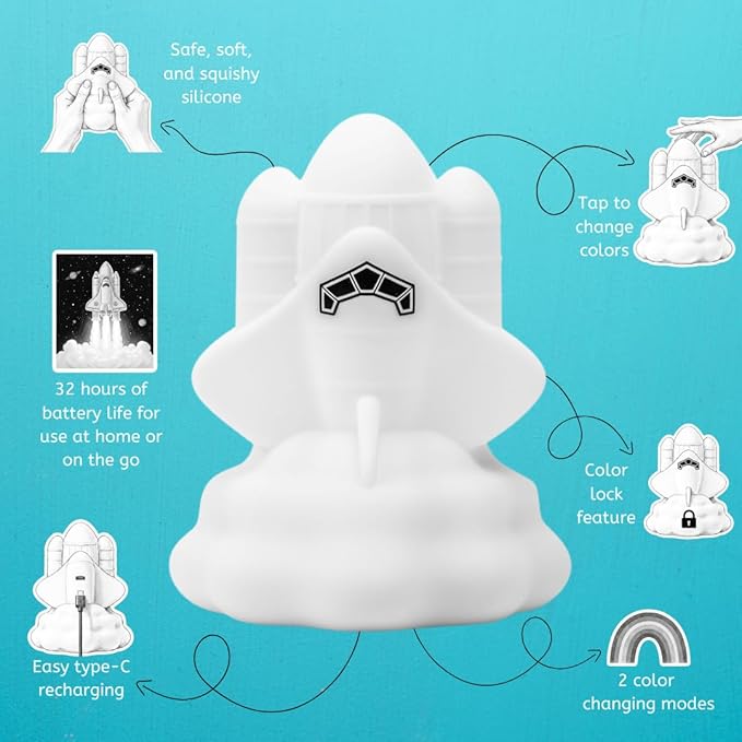 Lumipets Space Rocket LED Baby Night Light, Cordless, Touch Control, Soft Silicone Material, 8 Lulling Colors, Portable
