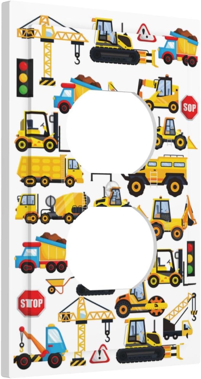 Cool Kids Boys Play Room Construction Trucks Cartoon Cars Vehicles Transport 1 Gang Duplex Wall Plate Electrical Receptacle Outlet Cover Decorative Dual Device Mid Size Light Switch Plug Face Plate