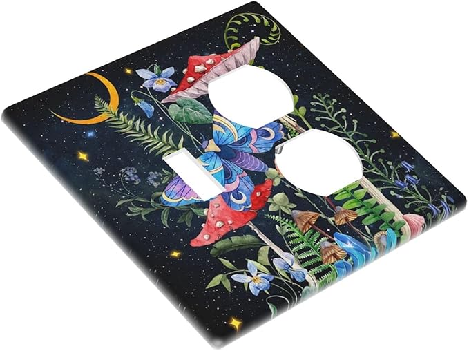Decorative Fariy Tale Mushroom 2-Gang 1-Toggle 1-Duplex Combination Receptacle Wall Plate Boho Gothic Moth Hippie Moon Stars Butterfly Combo Device Toggle/Outlet Light Switch Faceplate Cover