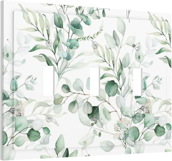Boho Green Eucalyptus Leaf Floral Plants Flowers Decorative Switch Plates 3 Gang Wall Plate Triple Toggle Light Switch Cover Faceplate Electrical Wall Panels for Bed Room Living Room Decor