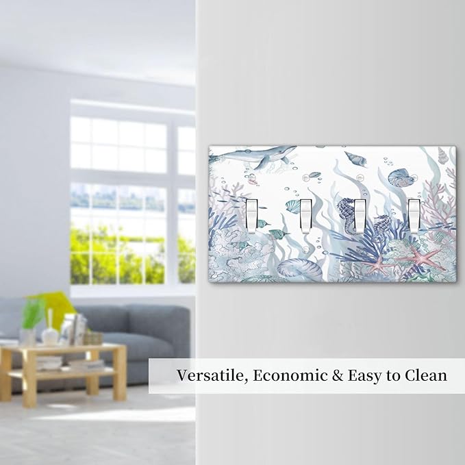 Ocean Themed Coral Seahorse Seashell Starfish Beach Light Switch Covers Quad Toggle Electrical Faceplate 4 Gang Wall Plate Decorative Switch Plates for Bathroom Home Decor