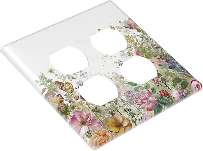 Outlet Covers Boho Wildflower Colorful Floral Butterfly 2 Gang Double Duplex Decorative Light Switch Covers Electrical Wallplates Socket Faceplate For Bed Room Living Room Decor