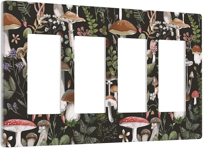Black Boho Moth Botanic Mushroom 4 Gang Quad Rocker Light Switch Cover Decorative Quadruple Device GFCI/Decorator Wall Plate Electric Faceplate Screwless