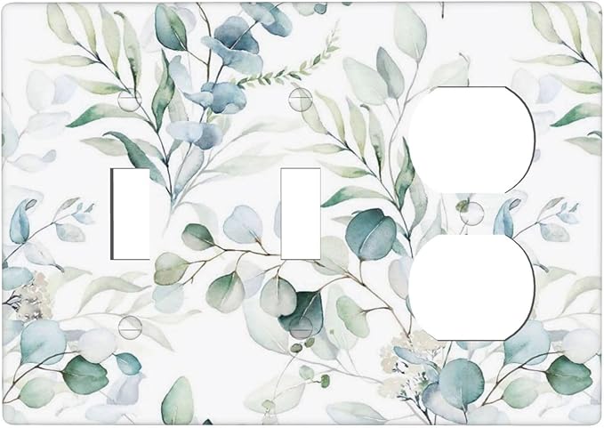 Nature Spring Eucalyptus Green Saga Leaf Plant Botanical 3 Gang Combination 2 Toggle 1 Duplex Receptacle Light Switch Wall Plates and Outlet Cover Triple Device Combo Two Toggle One Receptacle Cover