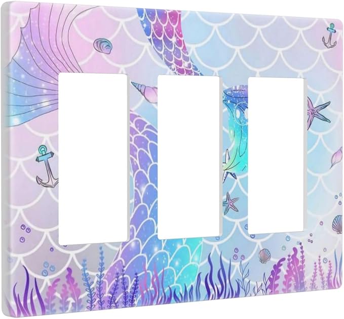 Cartoon Pink Girl Mermaid Scales Tail 3 Gang Triple Rocker/Decorator Light Switch Wall Plate Cover Decorative GFCI Electrical Faceplate Switchplate Dimmer