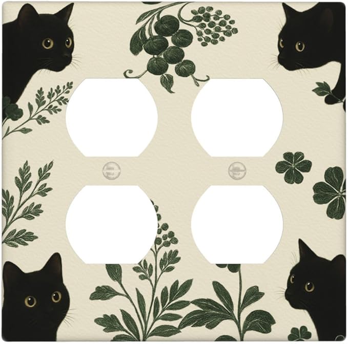 Decorative Outlet Covers Funny Black Cat Green Leaf 2 Gang Light Switch Cover Plate Double Duplex Wall Plates for Electrical Outlets Switch Plate Covers for Bedroom Home Decor