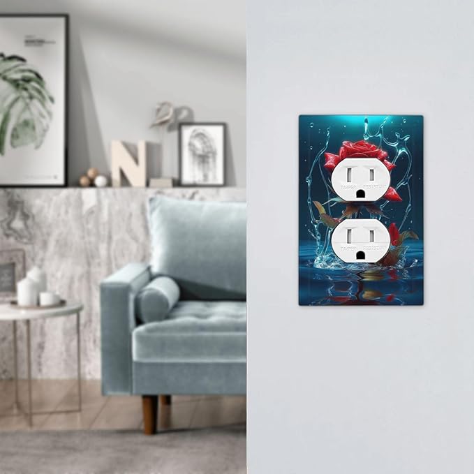 Red Rose Blue Water Drips 1 Gang Outlet Plate Covers Decorative Single Duplex Wall Plate Electrical Receptacle Light Switch Cover Art Faceplate Switchplate for Kidroom Bedroom Living Room Decor