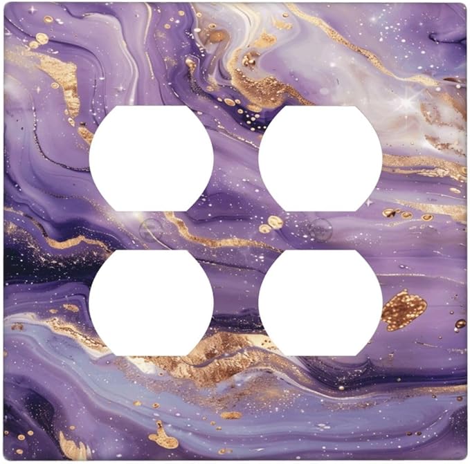 Luxury Marble Texture Purple And Gold Abstract Print Outlet Covers 2 Gang Double Duplex Decorative Light Switch Covers Electrical Wallplates Socket Faceplate for Bathroom Home Decor