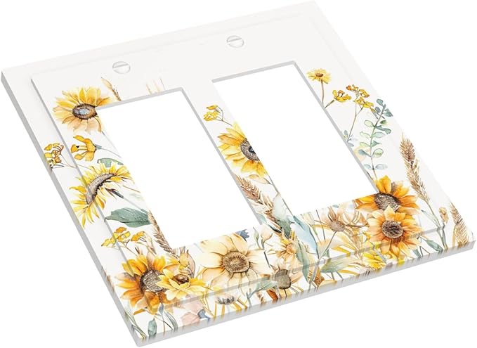 Yellow Floral Sunflowers Wheat Ears Watercolor Wild Flowers Decorative Outlet Covers 2 Gang Double GFCI Rocker Electrical Wall Panels Light Switch Cover Plate for Bedroom Living Room Decor