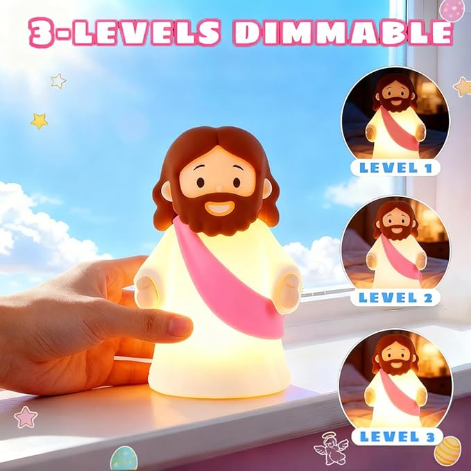 Jesus Night Light Rechargeable Bedside Night Light Dimmable Silicone LED Light Ideal for Religious Gatherings, Gifts for Sunday School, Baptism Presents, Easter Egg Decorations (Pink)