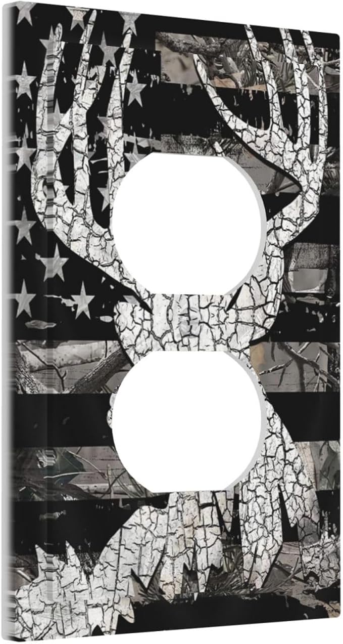 American Flag Forest Antler Deer Elk 1 Gang Outlet Plate Covers Decorative Single Duplex Wall Plate Electrical Receptacle Light Switch Cover Electric Switchplate Country Decor