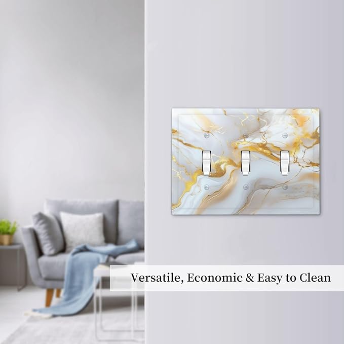 Decorative Switch Plate Cover Abstract Gold Marble Design with White & Gold 3 Gang Artistic Wall Plate Unique Triple Toggle Light Switch Covers for Modern Luxurious Decor