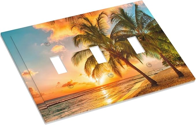 Light Switch Cover Sunset Beach Palm Tree Seascape 3 Gang Wall Plate Triple Light Switch Plate Tropical scenery Toggle Decorative Outlet Covers Electrical Switchplate for Bathroom Home Decor