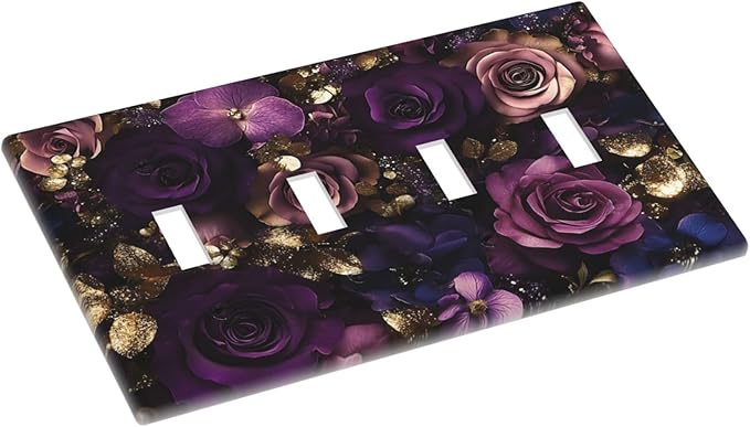 Decorative Switch Plate Cover with Luxurious Purple Roses Gold Accents Leaves Design 4 Gang Artistic Wall Plate Unique Quad Toggle Light Switch Covers for Romantic Bedroom/Living Room Decor