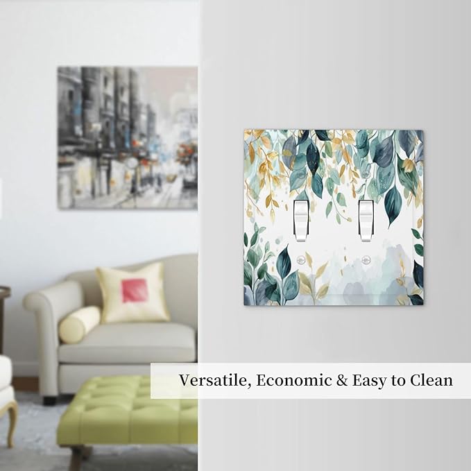 Boho Goldgreen Leaf Botanical Eucalyptus Leaves Decorative Switch Plates 2 Gang Double Toggle Outlet Light Switch Cover Wall Plate Electrical Faceplate for Bedroom Living Room Decor