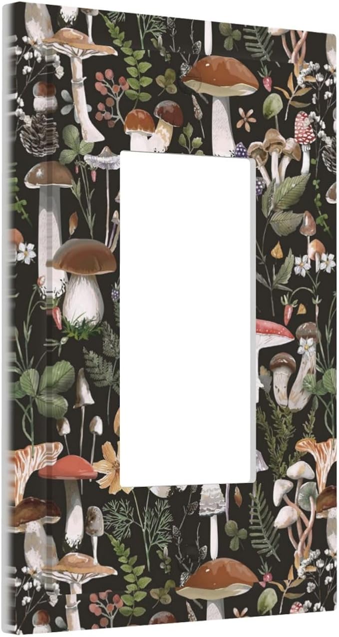 Mid Century Black Boho Mushroom Floral 1-Gang Decorator Rocker Outlet Light Switch Cover Plant Leaf Fungus Forest Botanical Decorative Single Device GFCI Receptacle Switch Wall Plate Dimmer Mid Size