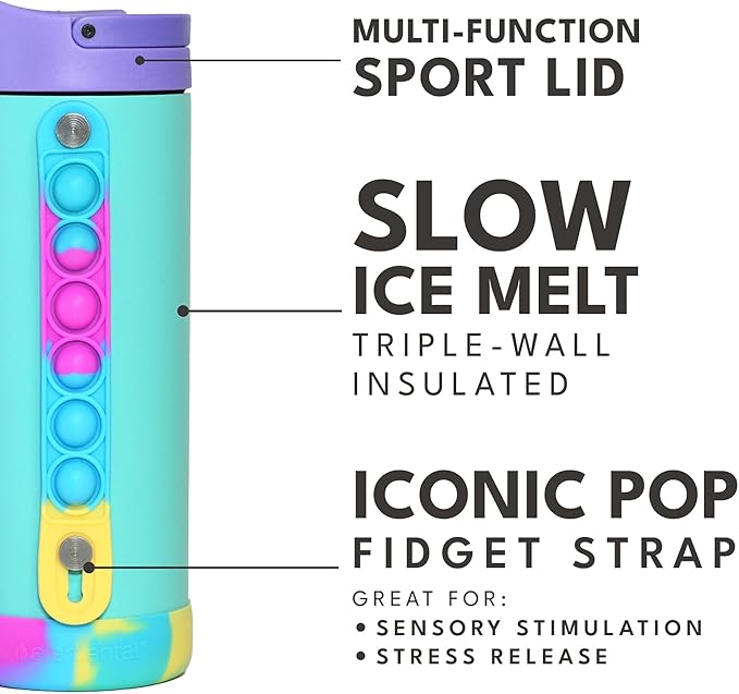 Elemental Iconic Kids Water Bottle with Straw Lid & Stress Relief Pop It Handle, Leak-Proof When Closed, Triple Insulated Kids Stainless Steel Water Bottle For Girls and Boys, 14oz - Blue Tie Dye