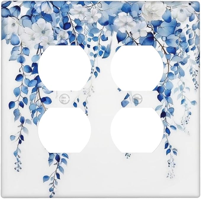 Blue Eucalyptus Leaves Floral Vine Flower Outlet Covers 2 Gang Double Duplex Decorative Light Switch Covers Electrical Wallplates Socket Faceplate for Bedroom Living Room Decor