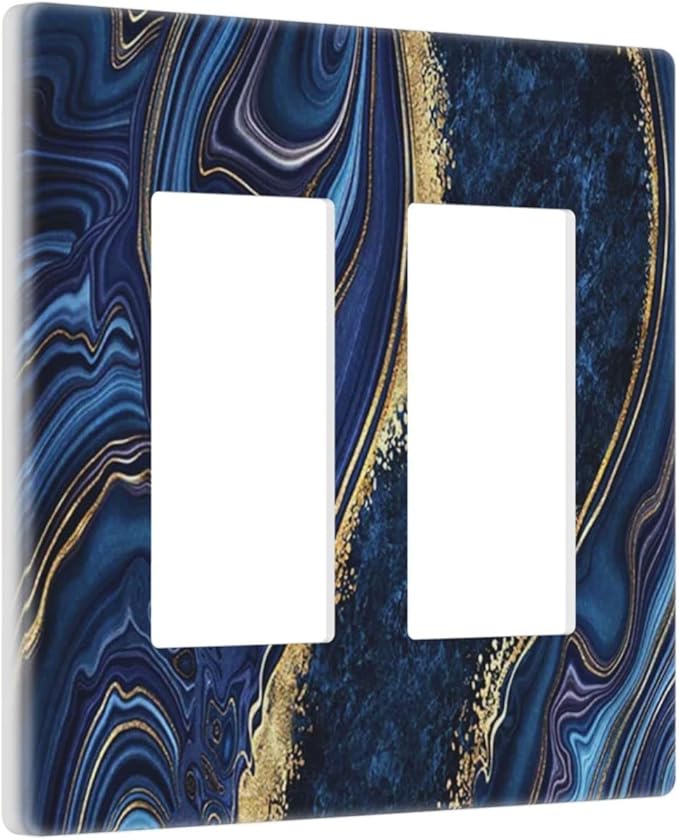 Navy Blue Marble Light Switch Cover 2 Gang Rocker Decorative Double Decor Wall Plate Electrical Switchplate GFCI Faceplate for Boys Men Bathroom Kitchen Home Art Panel Decor Screwless 4.7" x 4.6