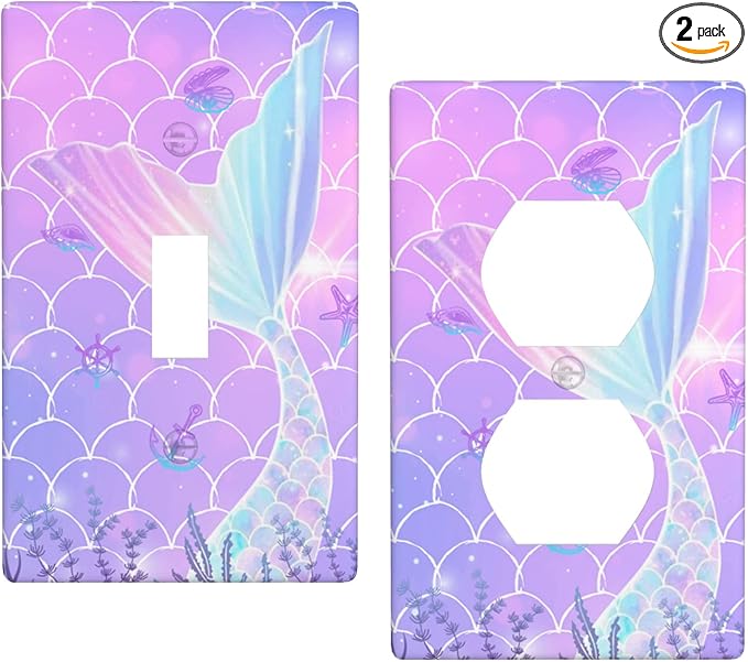 2 Pcs Mermaid Wall Plates Light Switch Cover Cute Decorative Outlet Cover for Girls Boys Bedroom Kitchen Home Bathroom Living Room(Single Toggle Duplex Outlet)