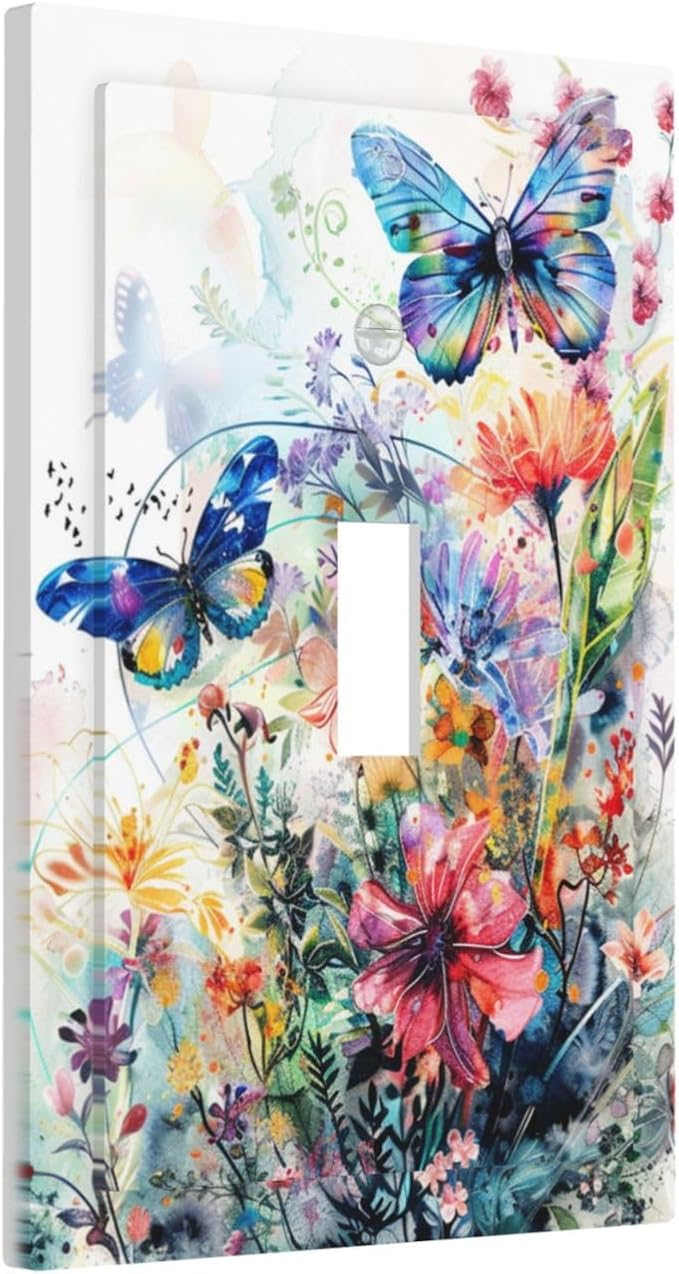 Light Switch Cover Plate Watercolor Colorful Floral Butterflies Wildflowers 1 Gang Single Toggle Decorative Switch Plates Wall Plates Electrical Faceplate for Bathroom Bedroom Decor