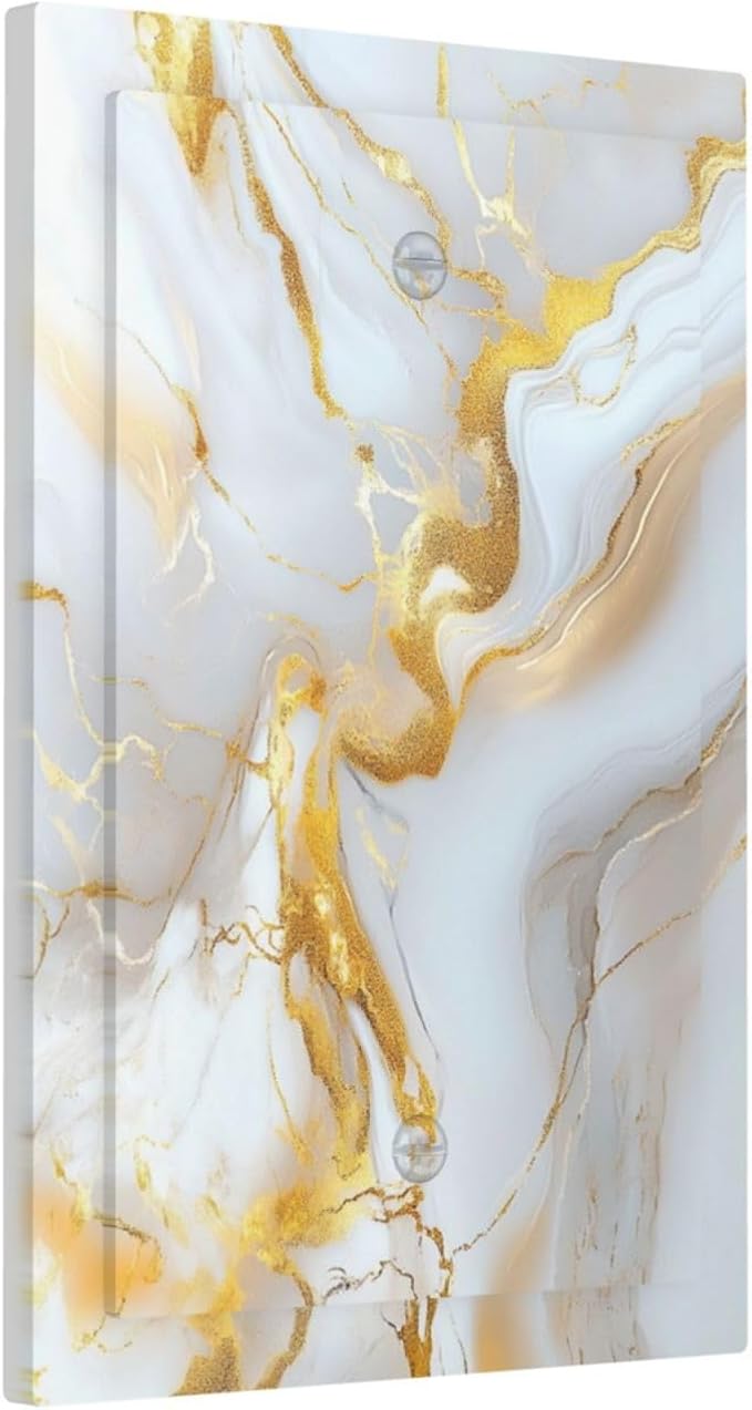 Decorative Blank Wall Plate Abstract Gold Marble Design with White & Gold Single Gang No Device Outlet Covers 1 Gang Light Switch Covers for Modern Luxurious Decor