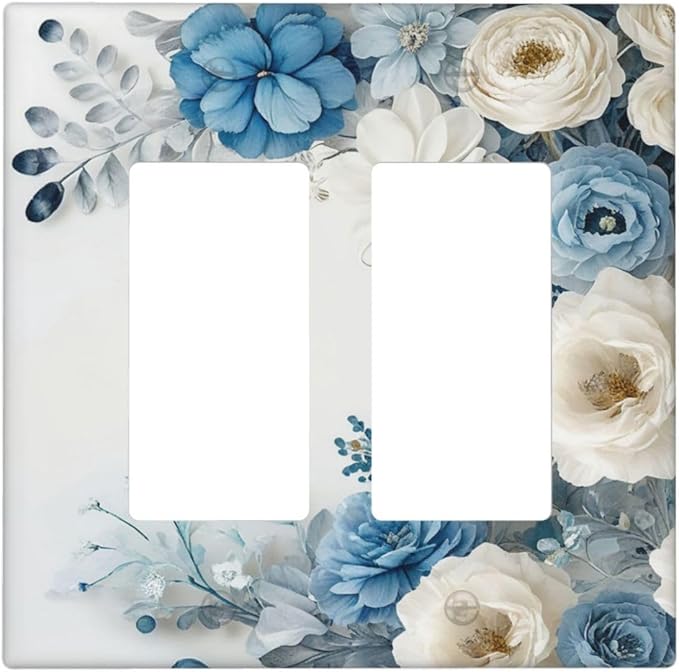 Decorative Outlet Covers Blue Rose White Flowers Rustic Floral 2 Gang Wall Plate Double Rocker Two Switch Wall Cover Plate Jumbo Dual Electrical GFCI Face Plate for Switch Decor