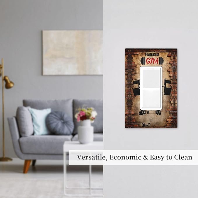 Vintage Gym Retro Brick Dumbbell Muscular Man Single Rocker Outlet Wall Plates 1 Gang Light Switch Cover Decorative Electrical GFCI Switchplate Dimmer for Bedroom Boyroom Bathroom Decor