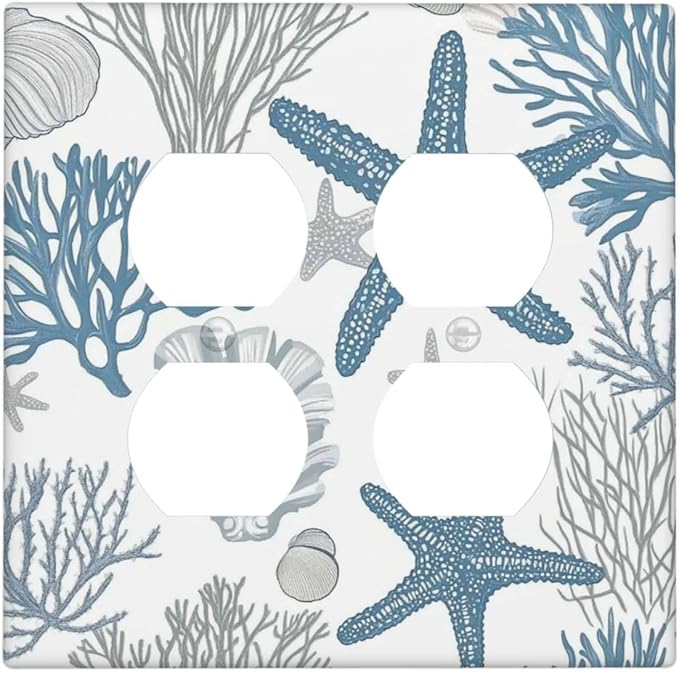Blue Starfish Nautical Beach Conch Coastal Coral Shell Outlet Covers 2 Gang Double Duplex Decorative Light Switch Covers Electrical Wallplates Socket Faceplate For Kids Room Bathroom Decor