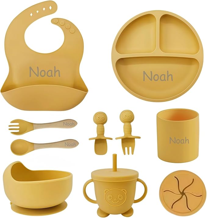 Personalized Silicone Suction Plates for Baby，Custom Toddlers Spoon and Fork, Baby Feeding Set with Name,Baby Birthday Gift for Boy & Girl (Yellow)