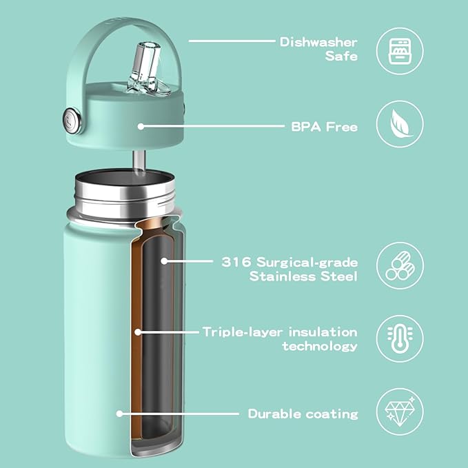 OISIZ Kids Water Bottle with Straw Lid 14oz, Vacuum Insulated 316 Stainless Steel Water Bottles for Kids for School, Leakproof Water Bottle, BPA Free and Keep Cold for 24 Hours