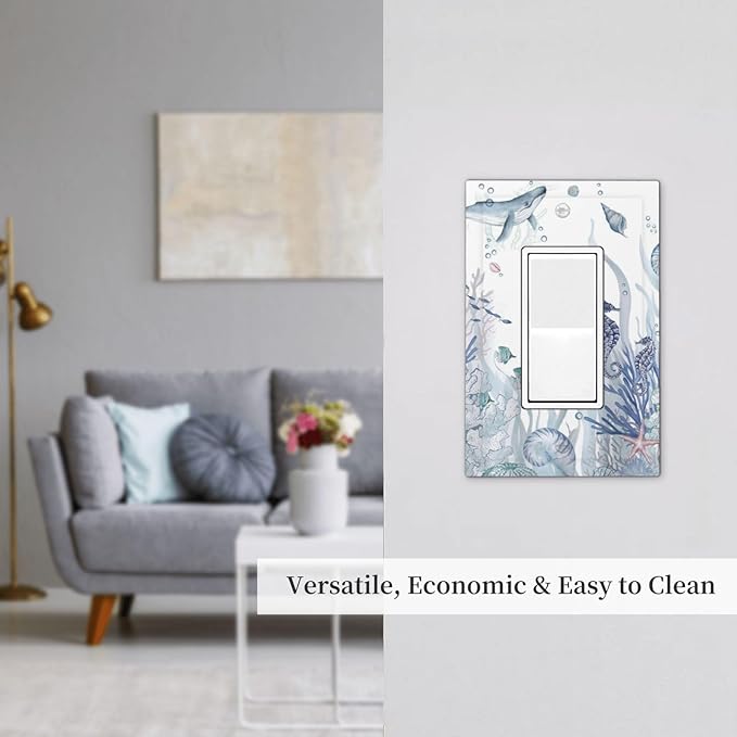 Ocean Themed Coral Seahorse Seashell Starfish Beach Decorative Outlet Covers 1 Gang Single Rocker Light Switch Cover Plate Wall Plates GFCI Faceplate for Bathroom Home Decor