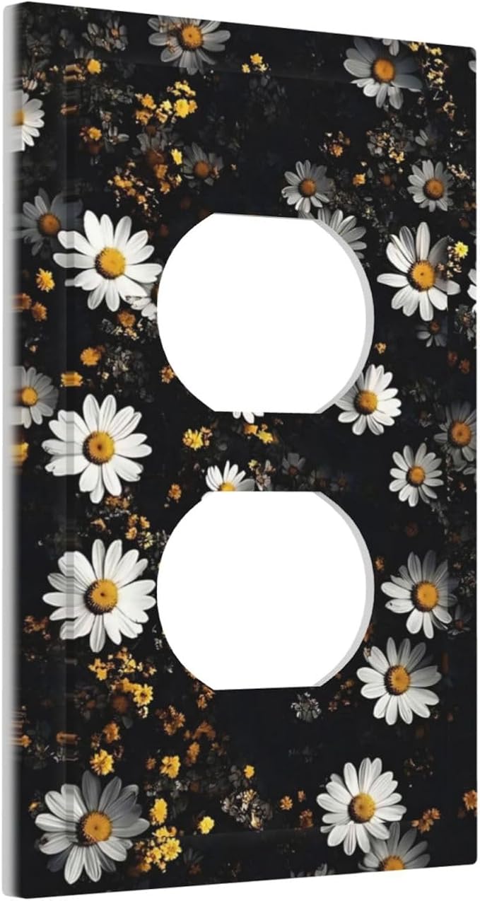 White Black Daisy Wildflower Modern Chrysanthemum Outlet Covers 1 Gang Duplex Light Switch Cover Decorative Switch Plates Electrical Receptacle Faceplate Wall Plate for Bedroom Farmhouse Decor