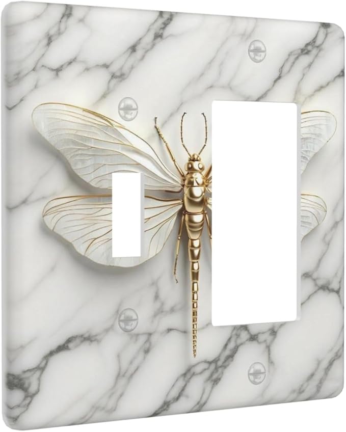 White Gold Marble Dragonfly Abstract Modern Outlet Covers 1 Toggle 1 Rocker Combination Decorative Wall Plate Electrical Switch Plates Light Switch Cover Plate for Bathroom Home Decor