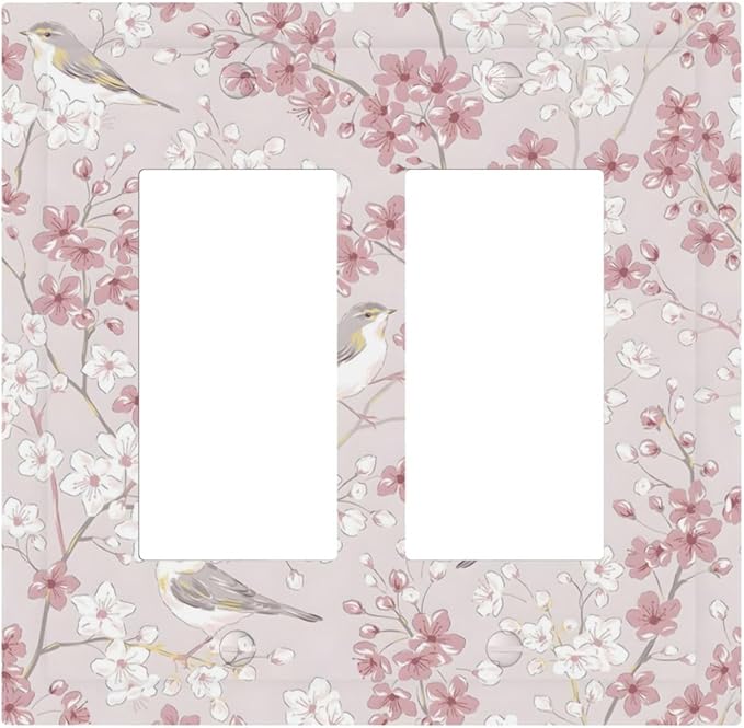 Pink Sakura Cherry Blossom Vintage Bird Floral Flower Decorative Outlet Covers 2 Gang Double GFCI Rocker Electrical Wall Panels Light Switch Cover Plate for Bedroom Living Room Decor